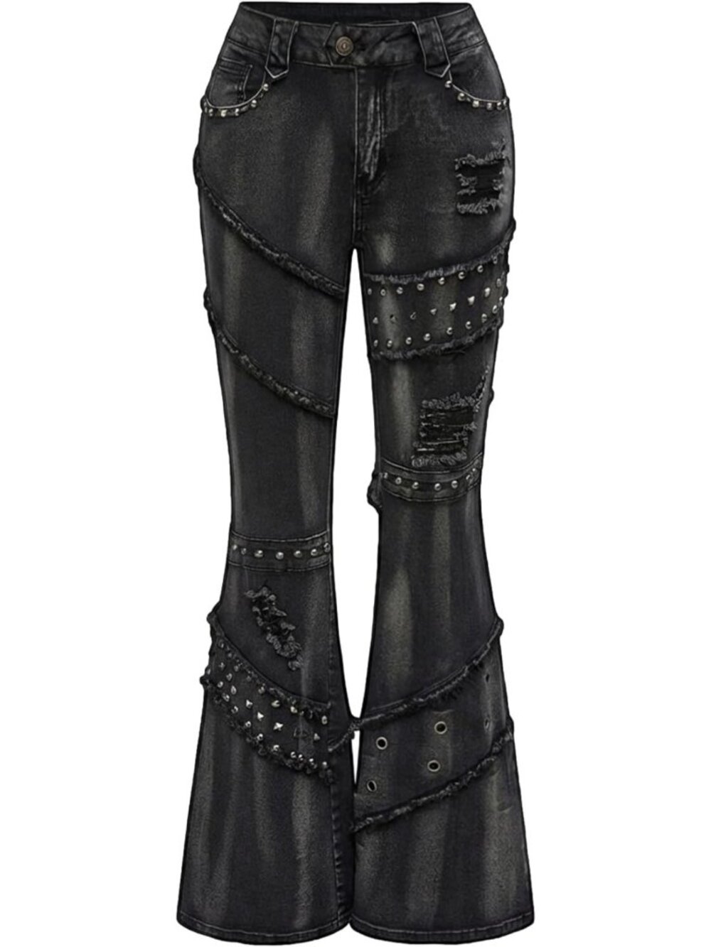 Y2K Grunge Rivet Flare Jeans | Ripped Bell Bottom Denim Pants for Trendy Style